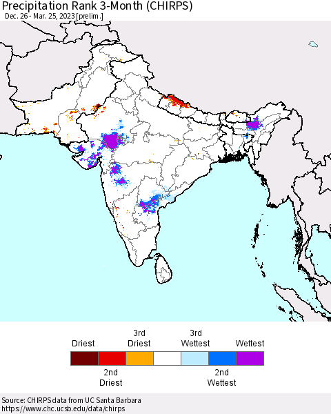 Southern Asia Precipitation Rank 3-Month (CHIRPS) Thematic Map For 12/26/2022 - 3/25/2023