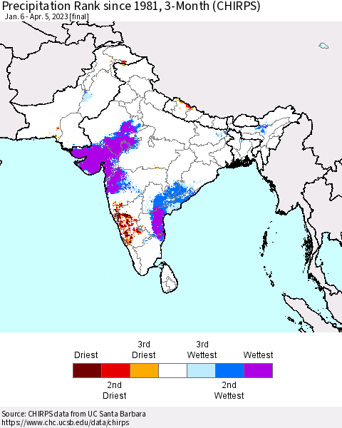 Southern Asia Precipitation Rank since 1981, 3-Month (CHIRPS) Thematic Map For 1/6/2023 - 4/5/2023