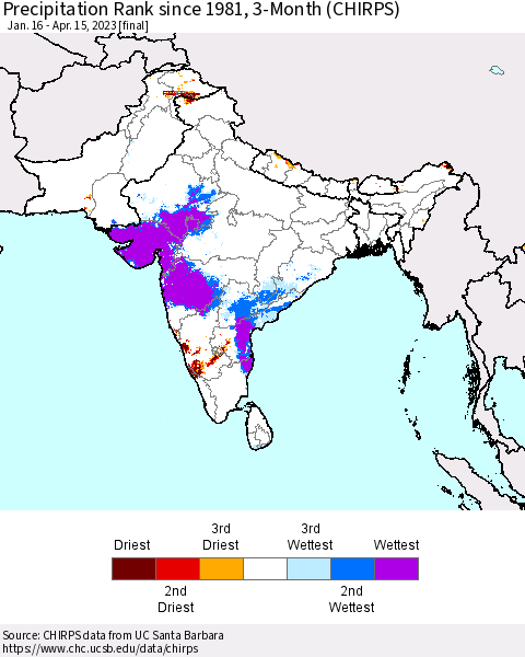 Southern Asia Precipitation Rank since 1981, 3-Month (CHIRPS) Thematic Map For 1/16/2023 - 4/15/2023