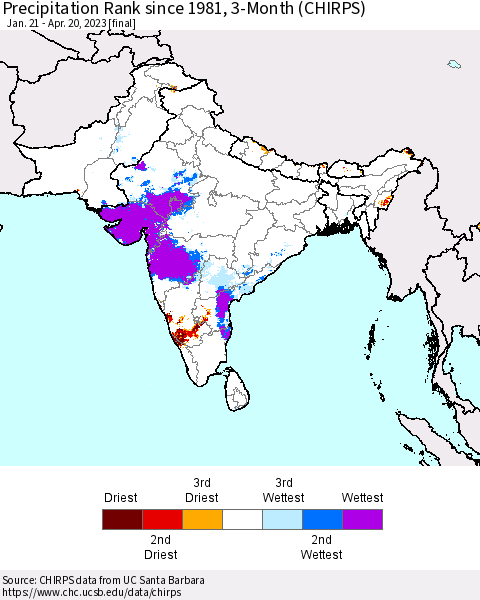 Southern Asia Precipitation Rank since 1981, 3-Month (CHIRPS) Thematic Map For 1/21/2023 - 4/20/2023