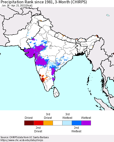 Southern Asia Precipitation Rank since 1981, 3-Month (CHIRPS) Thematic Map For 1/26/2023 - 4/25/2023