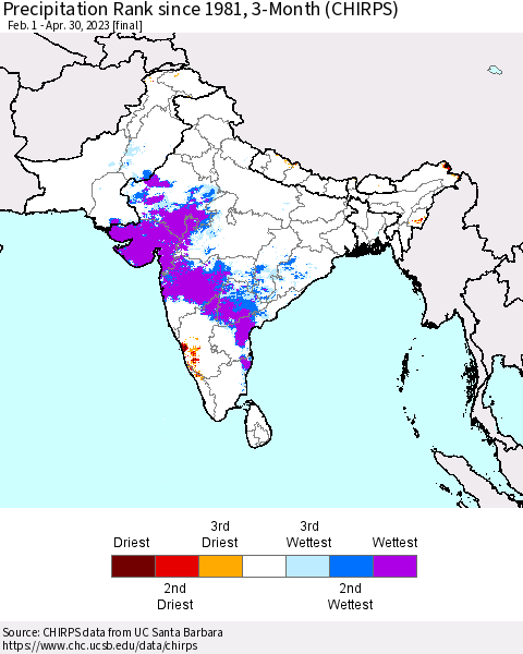 Southern Asia Precipitation Rank since 1981, 3-Month (CHIRPS) Thematic Map For 2/1/2023 - 4/30/2023