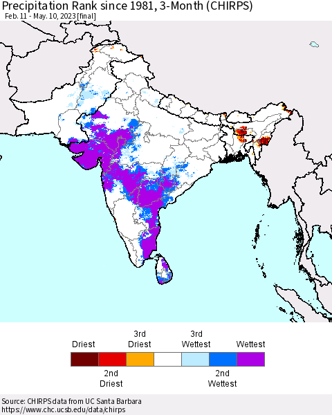Southern Asia Precipitation Rank since 1981, 3-Month (CHIRPS) Thematic Map For 2/11/2023 - 5/10/2023