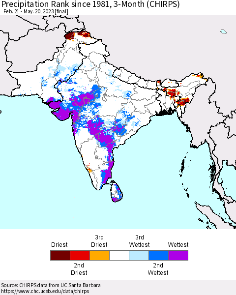 Southern Asia Precipitation Rank since 1981, 3-Month (CHIRPS) Thematic Map For 2/21/2023 - 5/20/2023