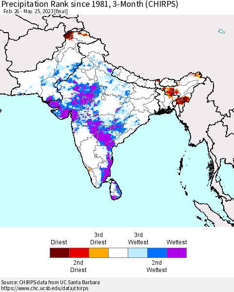 Southern Asia Precipitation Rank since 1981, 3-Month (CHIRPS) Thematic Map For 2/26/2023 - 5/25/2023