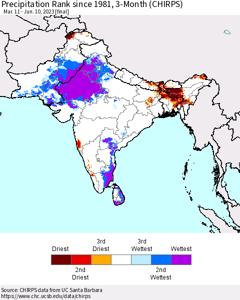 Southern Asia Precipitation Rank since 1981, 3-Month (CHIRPS) Thematic Map For 3/11/2023 - 6/10/2023