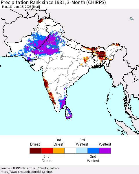 Southern Asia Precipitation Rank since 1981, 3-Month (CHIRPS) Thematic Map For 3/16/2023 - 6/15/2023
