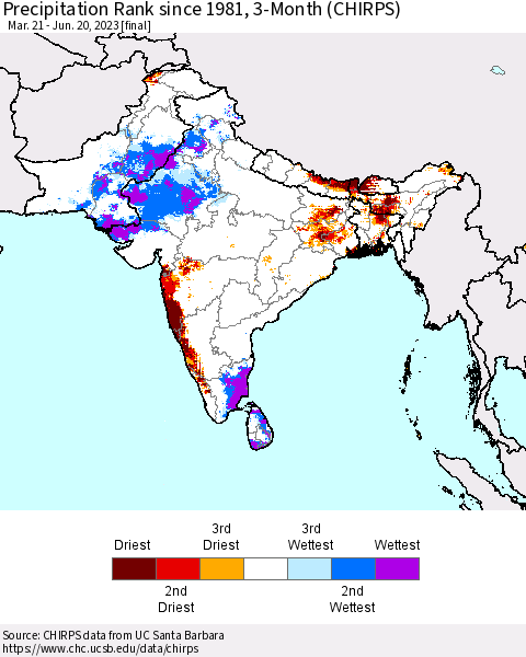 Southern Asia Precipitation Rank since 1981, 3-Month (CHIRPS) Thematic Map For 3/21/2023 - 6/20/2023