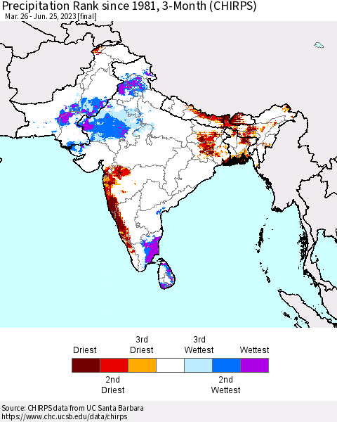 Southern Asia Precipitation Rank since 1981, 3-Month (CHIRPS) Thematic Map For 3/26/2023 - 6/25/2023