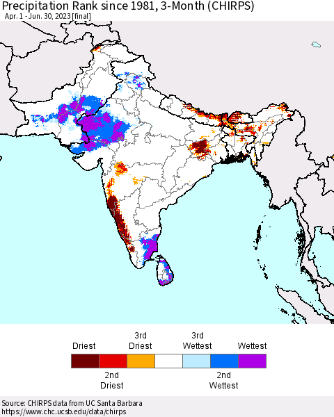 Southern Asia Precipitation Rank since 1981, 3-Month (CHIRPS) Thematic Map For 4/1/2023 - 6/30/2023