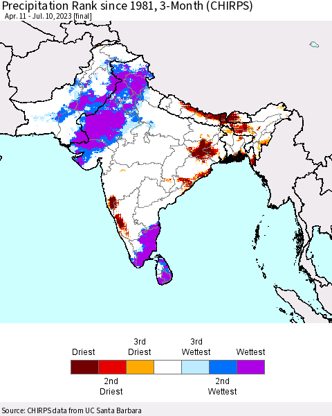 Southern Asia Precipitation Rank since 1981, 3-Month (CHIRPS) Thematic Map For 4/11/2023 - 7/10/2023
