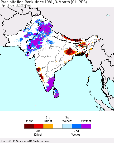 Southern Asia Precipitation Rank since 1981, 3-Month (CHIRPS) Thematic Map For 4/16/2023 - 7/15/2023