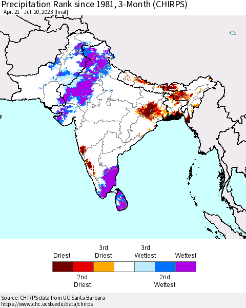 Southern Asia Precipitation Rank since 1981, 3-Month (CHIRPS) Thematic Map For 4/21/2023 - 7/20/2023