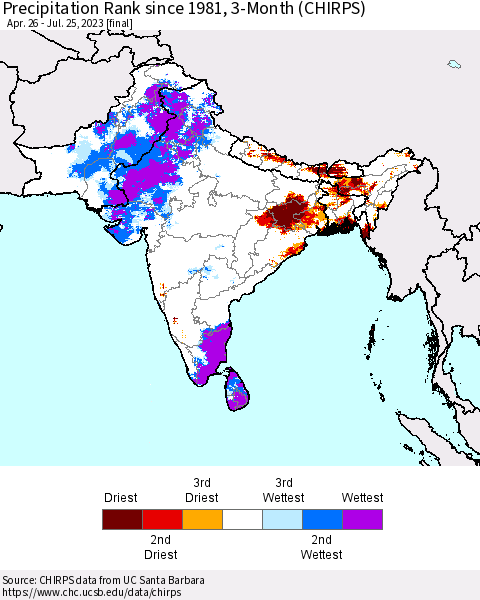 Southern Asia Precipitation Rank since 1981, 3-Month (CHIRPS) Thematic Map For 4/26/2023 - 7/25/2023