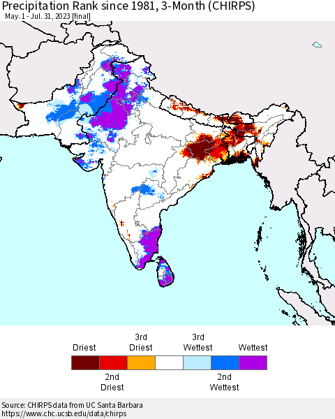 Southern Asia Precipitation Rank since 1981, 3-Month (CHIRPS) Thematic Map For 5/1/2023 - 7/31/2023
