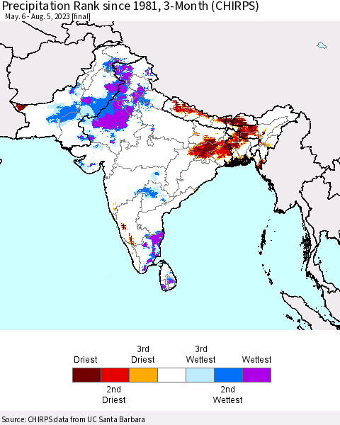 Southern Asia Precipitation Rank since 1981, 3-Month (CHIRPS) Thematic Map For 5/6/2023 - 8/5/2023