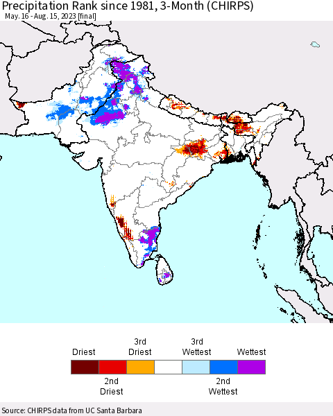 Southern Asia Precipitation Rank since 1981, 3-Month (CHIRPS) Thematic Map For 5/16/2023 - 8/15/2023