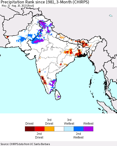 Southern Asia Precipitation Rank since 1981, 3-Month (CHIRPS) Thematic Map For 5/21/2023 - 8/20/2023