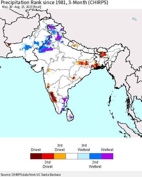 Southern Asia Precipitation Rank since 1981, 3-Month (CHIRPS) Thematic Map For 5/26/2023 - 8/25/2023