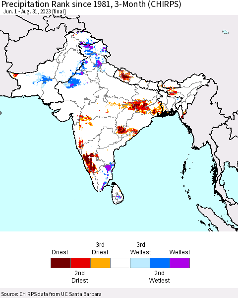 Southern Asia Precipitation Rank since 1981, 3-Month (CHIRPS) Thematic Map For 6/1/2023 - 8/31/2023