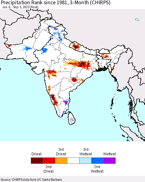 Southern Asia Precipitation Rank since 1981, 3-Month (CHIRPS) Thematic Map For 6/6/2023 - 9/5/2023