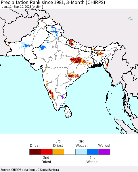 Southern Asia Precipitation Rank since 1981, 3-Month (CHIRPS) Thematic Map For 6/11/2023 - 9/10/2023