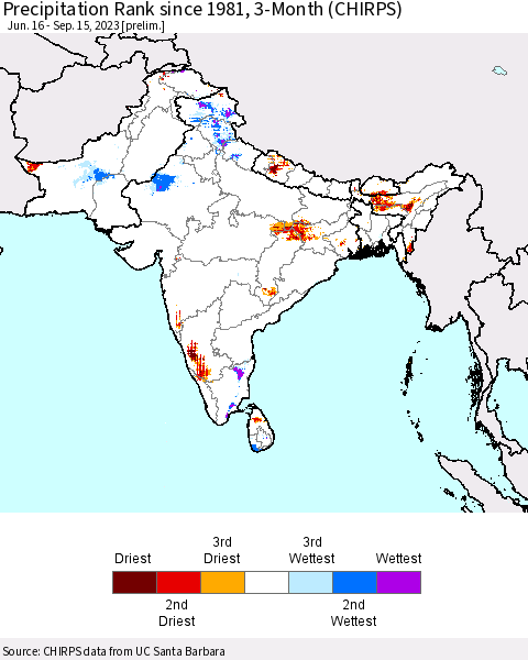Southern Asia Precipitation Rank since 1981, 3-Month (CHIRPS) Thematic Map For 6/16/2023 - 9/15/2023