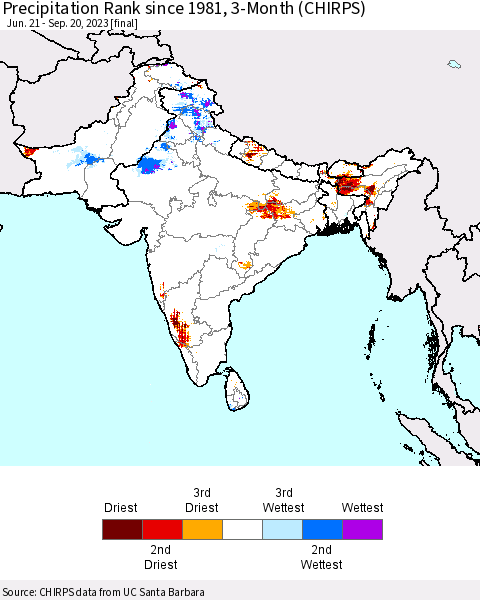 Southern Asia Precipitation Rank since 1981, 3-Month (CHIRPS) Thematic Map For 6/21/2023 - 9/20/2023