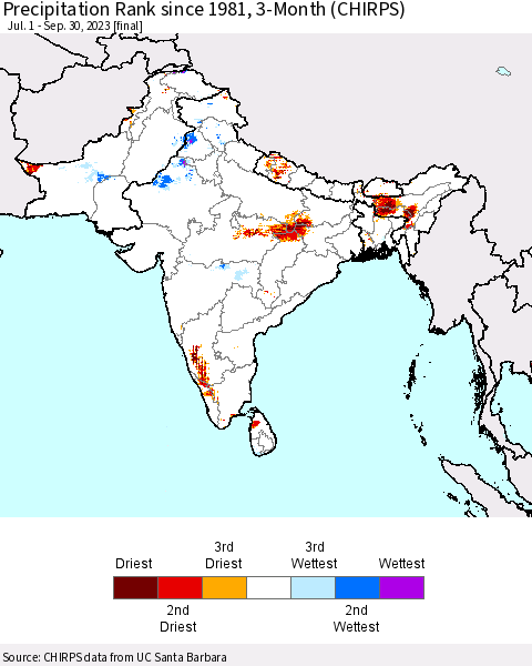 Southern Asia Precipitation Rank since 1981, 3-Month (CHIRPS) Thematic Map For 7/1/2023 - 9/30/2023