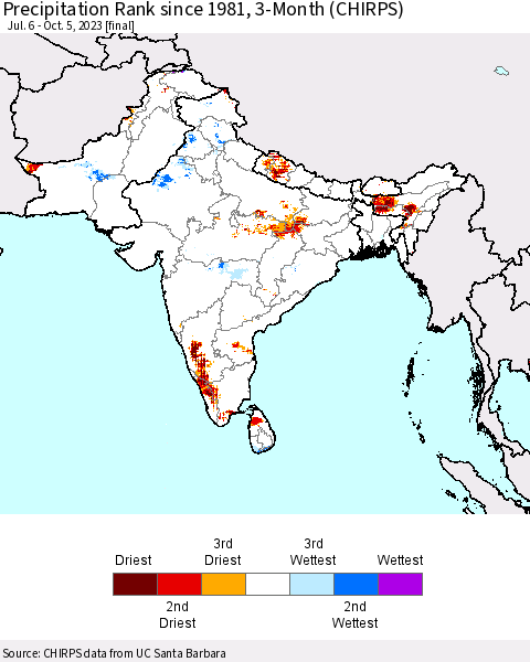 Southern Asia Precipitation Rank since 1981, 3-Month (CHIRPS) Thematic Map For 7/6/2023 - 10/5/2023