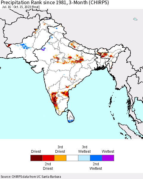 Southern Asia Precipitation Rank since 1981, 3-Month (CHIRPS) Thematic Map For 7/16/2023 - 10/15/2023