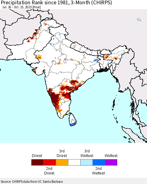 Southern Asia Precipitation Rank since 1981, 3-Month (CHIRPS) Thematic Map For 7/26/2023 - 10/25/2023