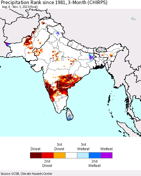 Southern Asia Precipitation Rank since 1981, 3-Month (CHIRPS) Thematic Map For 8/6/2023 - 11/5/2023