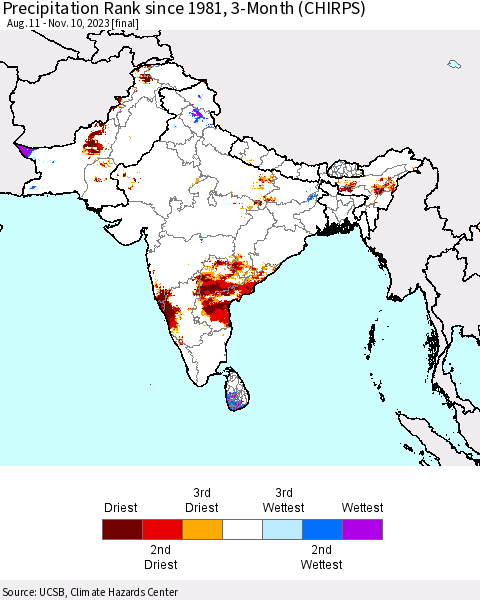 Southern Asia Precipitation Rank since 1981, 3-Month (CHIRPS) Thematic Map For 8/11/2023 - 11/10/2023