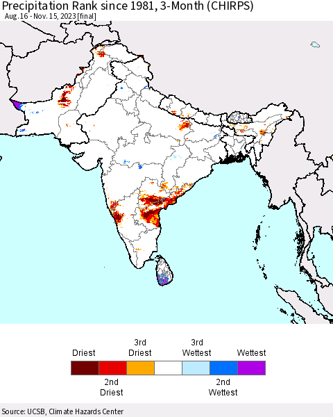 Southern Asia Precipitation Rank since 1981, 3-Month (CHIRPS) Thematic Map For 8/16/2023 - 11/15/2023