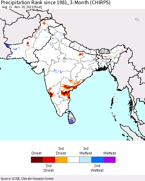 Southern Asia Precipitation Rank since 1981, 3-Month (CHIRPS) Thematic Map For 8/21/2023 - 11/20/2023