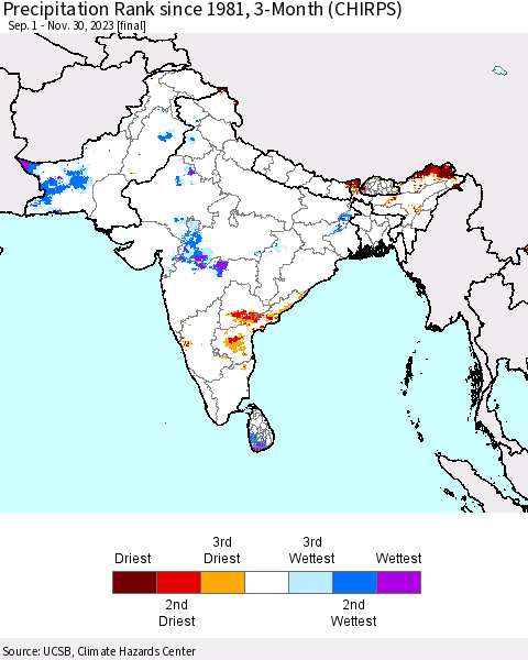 Southern Asia Precipitation Rank since 1981, 3-Month (CHIRPS) Thematic Map For 9/1/2023 - 11/30/2023
