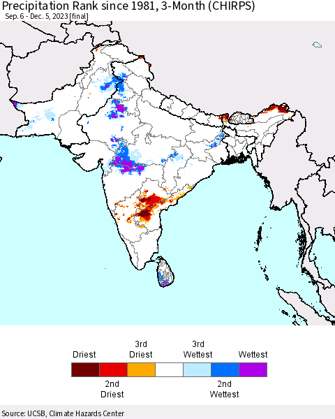 Southern Asia Precipitation Rank since 1981, 3-Month (CHIRPS) Thematic Map For 9/6/2023 - 12/5/2023