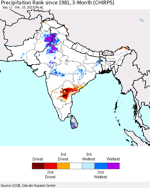 Southern Asia Precipitation Rank since 1981, 3-Month (CHIRPS) Thematic Map For 9/11/2023 - 12/10/2023