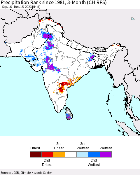 Southern Asia Precipitation Rank since 1981, 3-Month (CHIRPS) Thematic Map For 9/16/2023 - 12/15/2023