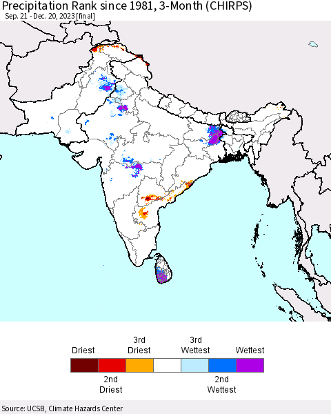 Southern Asia Precipitation Rank since 1981, 3-Month (CHIRPS) Thematic Map For 9/21/2023 - 12/20/2023