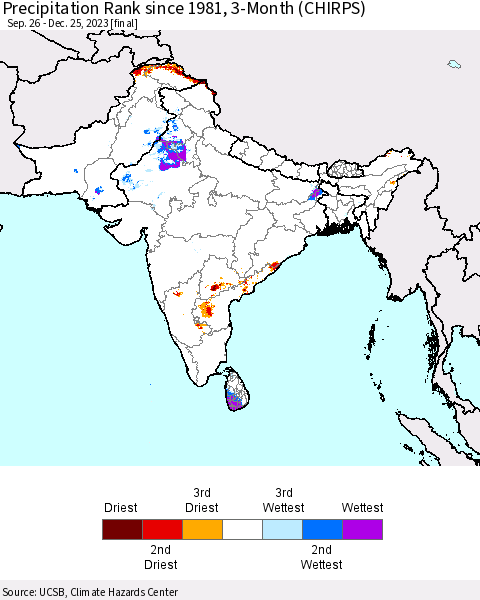 Southern Asia Precipitation Rank since 1981, 3-Month (CHIRPS) Thematic Map For 9/26/2023 - 12/25/2023