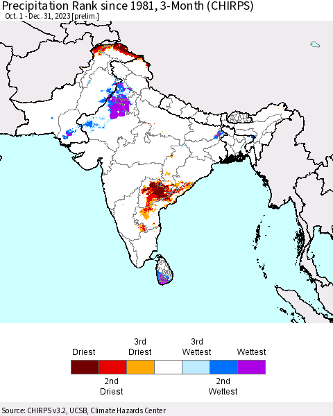 Southern Asia Precipitation Rank since 1981, 3-Month (CHIRPS) Thematic Map For 10/1/2023 - 12/31/2023