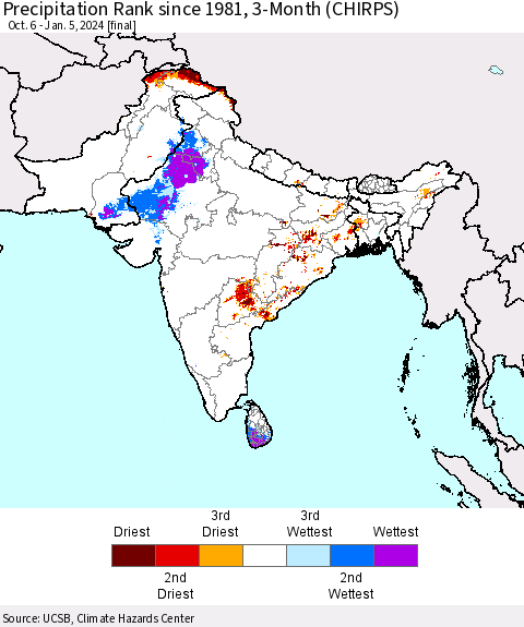 Southern Asia Precipitation Rank since 1981, 3-Month (CHIRPS) Thematic Map For 10/6/2023 - 1/5/2024