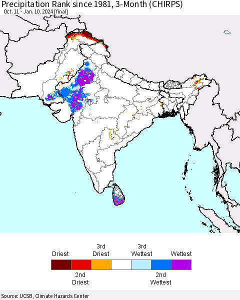 Southern Asia Precipitation Rank since 1981, 3-Month (CHIRPS) Thematic Map For 10/11/2023 - 1/10/2024