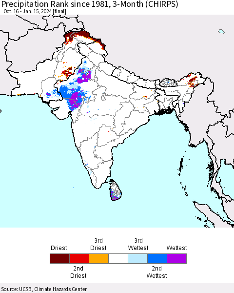 Southern Asia Precipitation Rank since 1981, 3-Month (CHIRPS) Thematic Map For 10/16/2023 - 1/15/2024