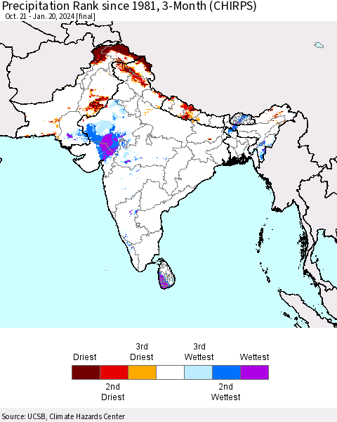 Southern Asia Precipitation Rank since 1981, 3-Month (CHIRPS) Thematic Map For 10/21/2023 - 1/20/2024