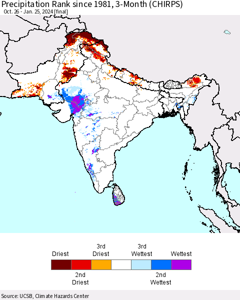 Southern Asia Precipitation Rank since 1981, 3-Month (CHIRPS) Thematic Map For 10/26/2023 - 1/25/2024