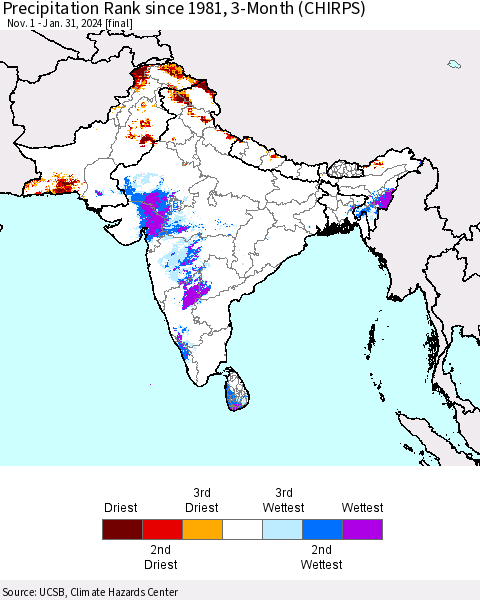 Southern Asia Precipitation Rank since 1981, 3-Month (CHIRPS) Thematic Map For 11/1/2023 - 1/31/2024
