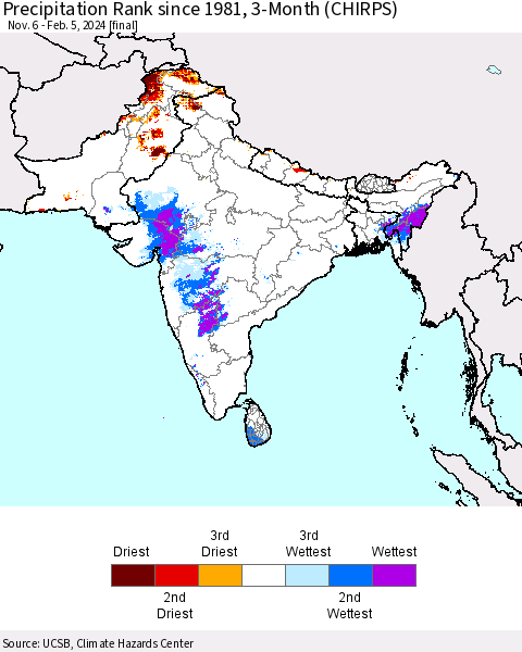 Southern Asia Precipitation Rank since 1981, 3-Month (CHIRPS) Thematic Map For 11/6/2023 - 2/5/2024